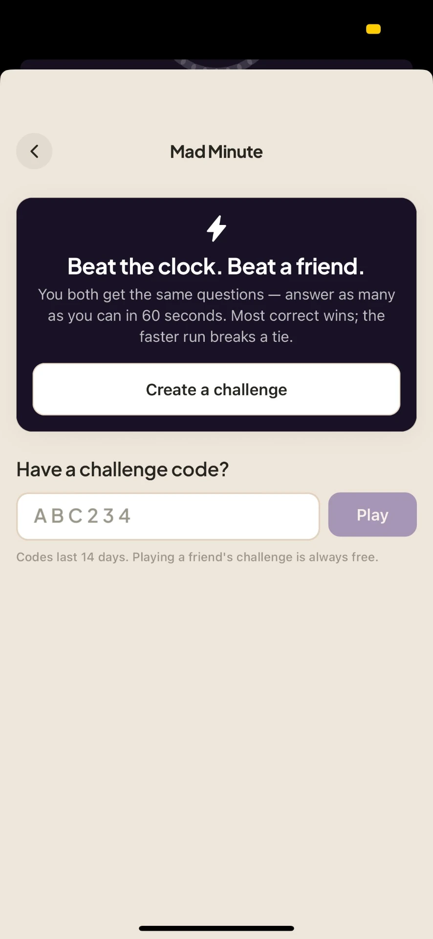 Mad Minute lobby — beat the clock and create a challenge