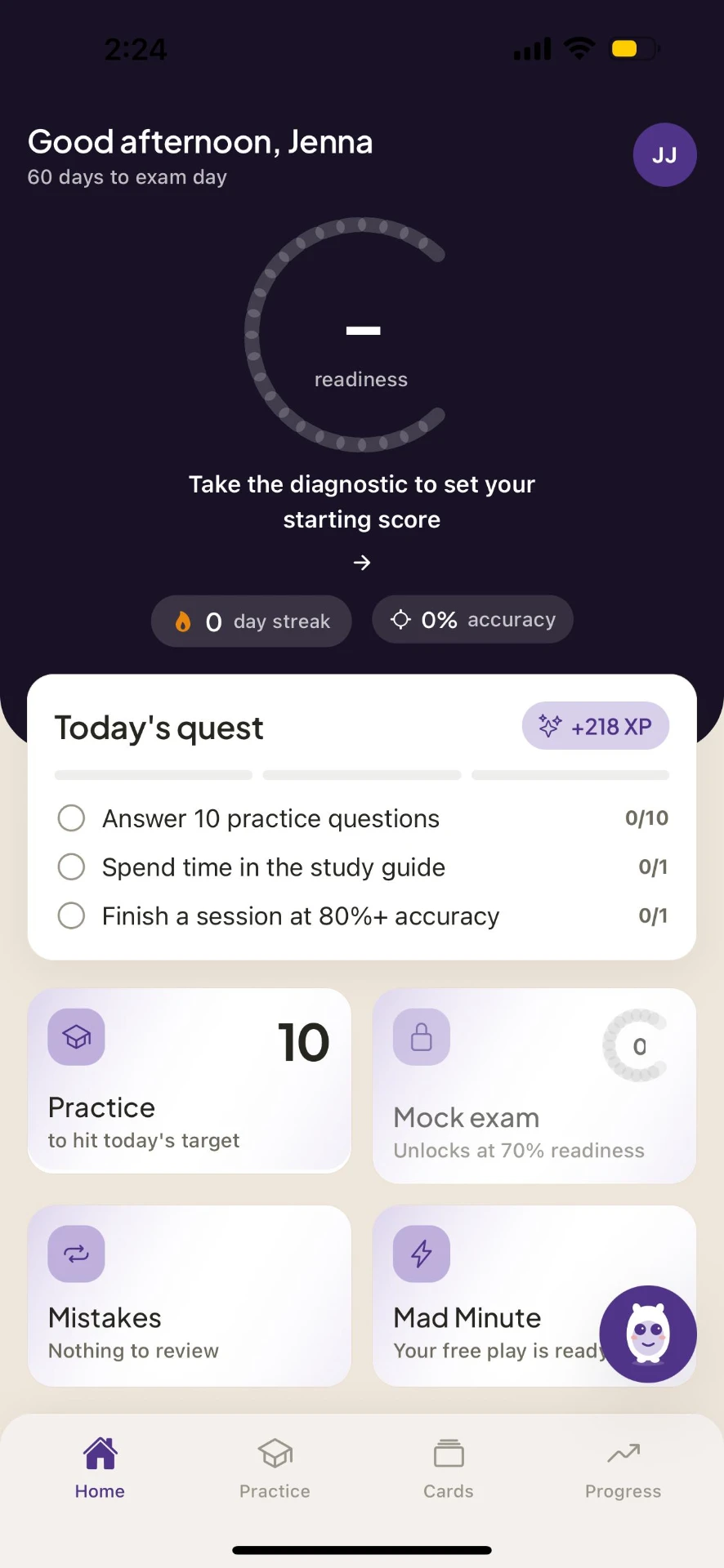 BCBA app home screen with readiness ring and today's quest