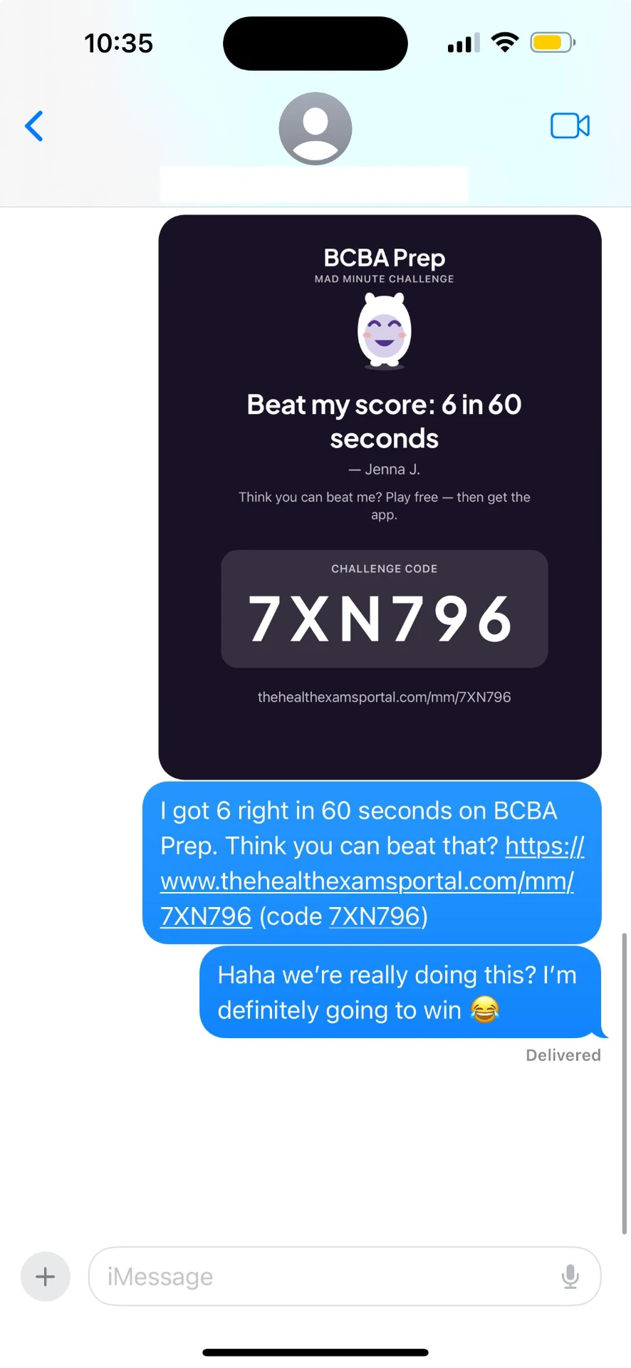 A Mad Minute challenge shared with a friend by text message