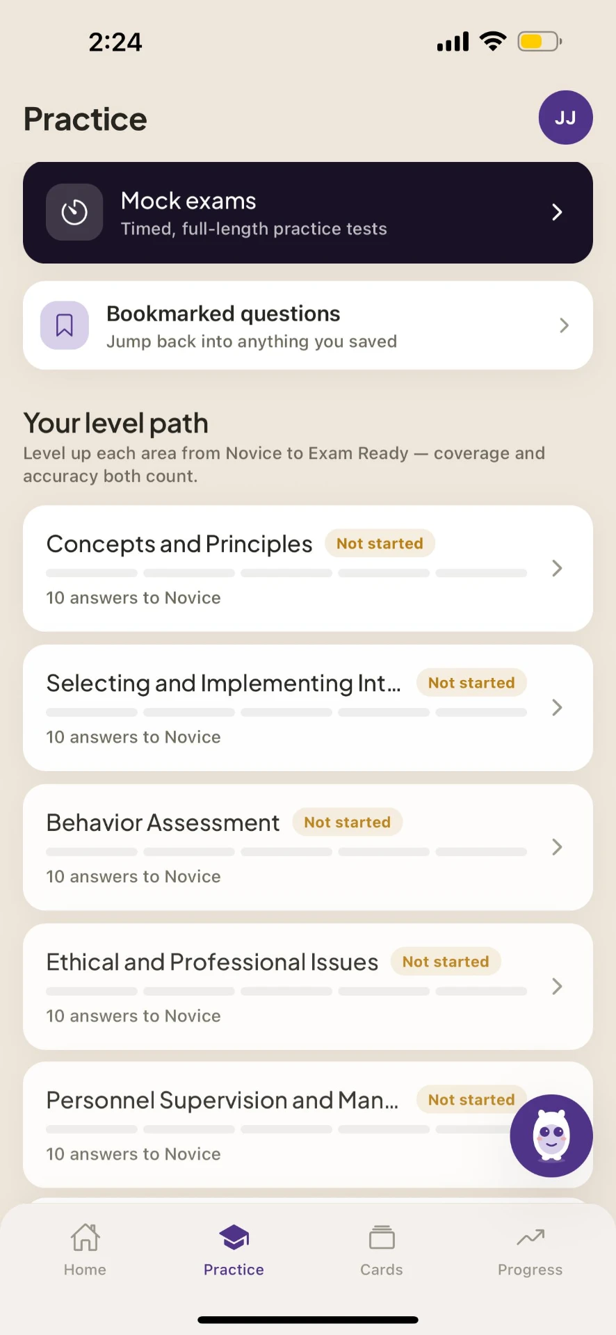 Practice by topic — the BCBA level path from Novice to Exam Ready