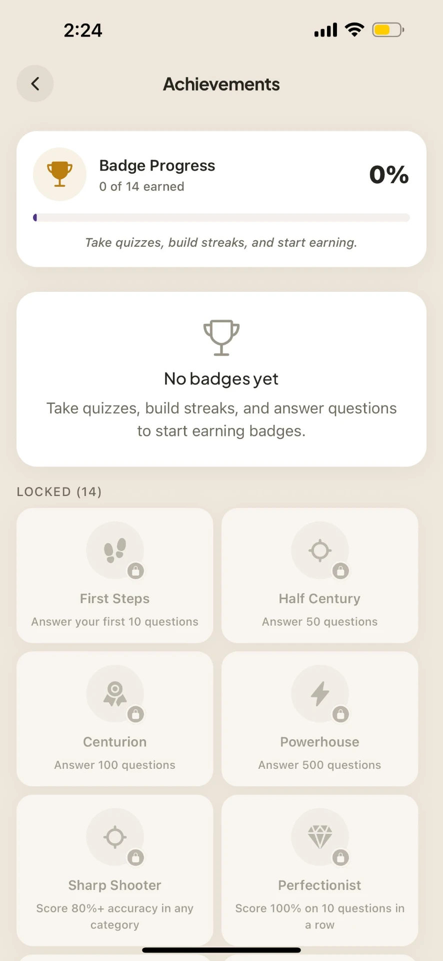 BCBA achievements screen with badge progress