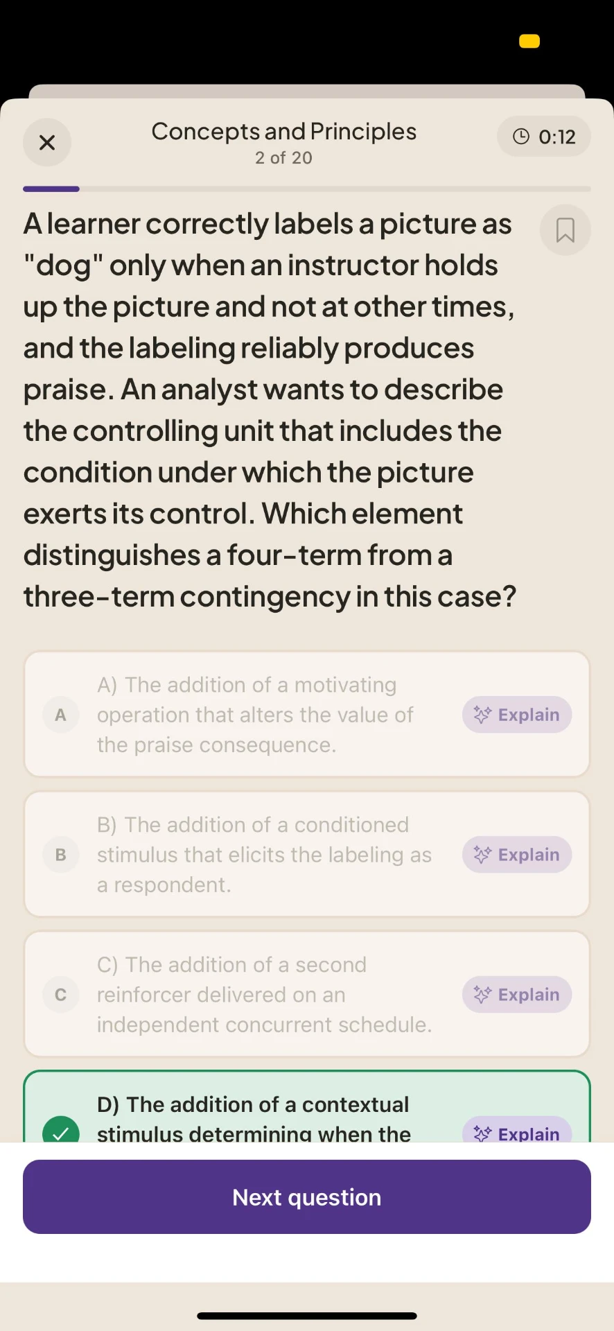 A BCBA question answered, with the explanation open underneath